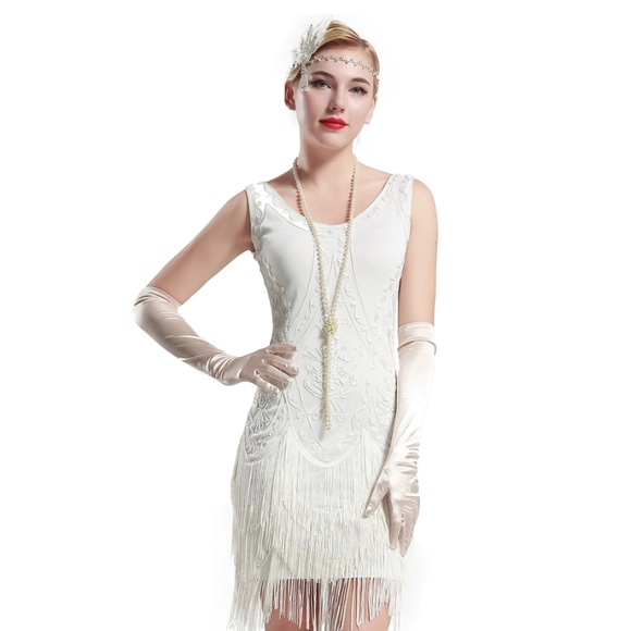 White Wedding Beaded 1920s Flapper Dress - Picture 5 of 7
